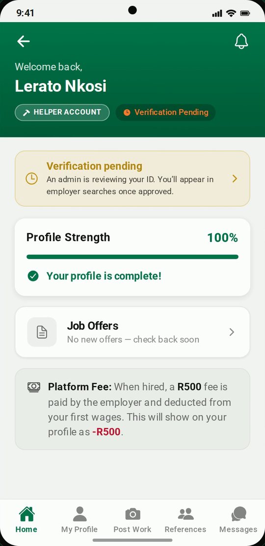 A worker's HomeLynk SA home screen showing a completed profile and job offers